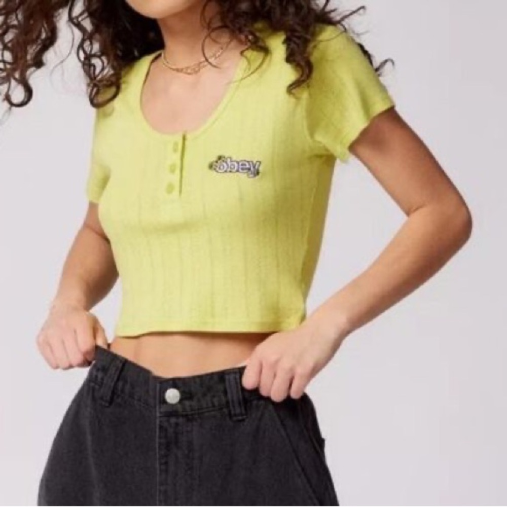 NWT OBEY Alina Pointelle Top, Size L Color Lime Urban Outfitters - Picture 1 of 16